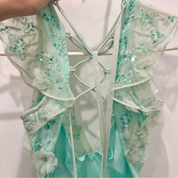 NWT Mac Duggal 70275 Aqua Mint Sequined Floral Ruffle Cutout Tulle Maxi Dress 2 - Picture 8 of 11